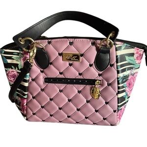 Betsey Johnson Mauve Floral Quilted Crossbody Satchel with Gold Hardware